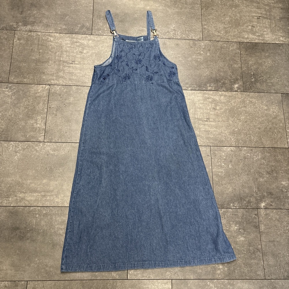 90s Plaza South Cottagecore Denim Dress Jumper Floral Embroidered SZ 14 Midi EUC